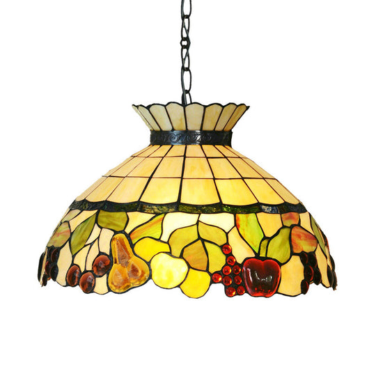 Black Baroque Chandelier with Yellow Stained Glass Shade - 3-Light Pendant Lighting