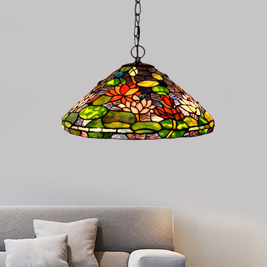 Victorian Style Green Stained Glass Chandelier Pendant With 2 Lights