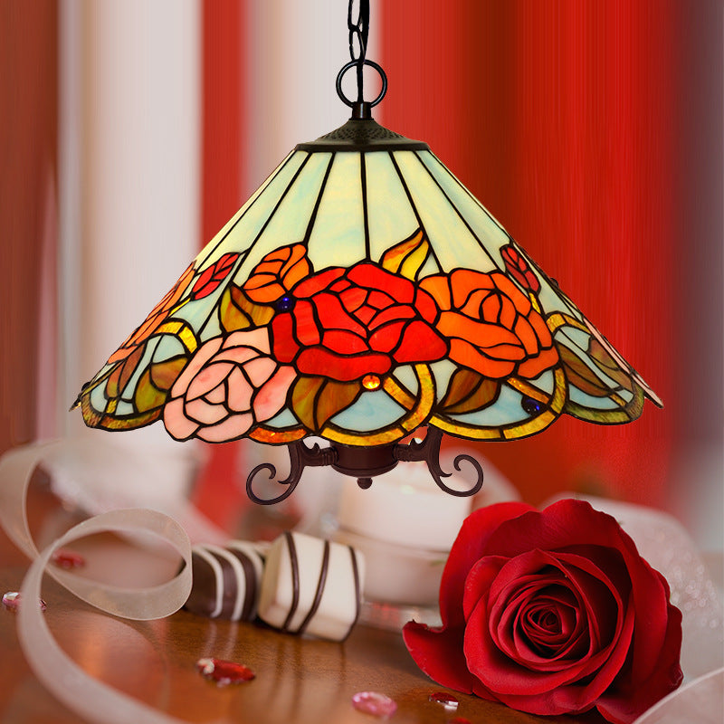 Red Stained Glass Tiffany-Style Floral Chandelier: 3-Light Bronze Ceiling Pendant