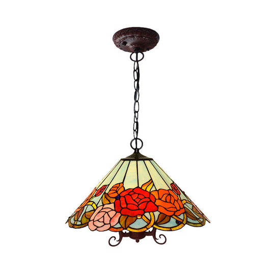 Red Stained Glass Tiffany-Style Floral Chandelier: 3-Light Bronze Ceiling Pendant