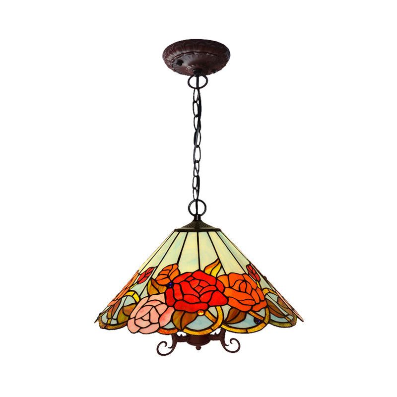 Tiffany-Style Red Stained Glass Floral Chandelier- 3 Lights Bronze Hanging Ceiling Light