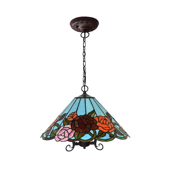 Red Stained Glass Tiffany-Style Floral Chandelier: 3-Light Bronze Ceiling Pendant