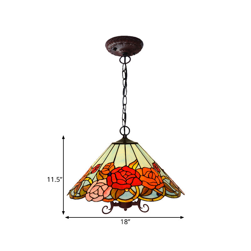 Red Stained Glass Tiffany-Style Floral Chandelier: 3-Light Bronze Ceiling Pendant