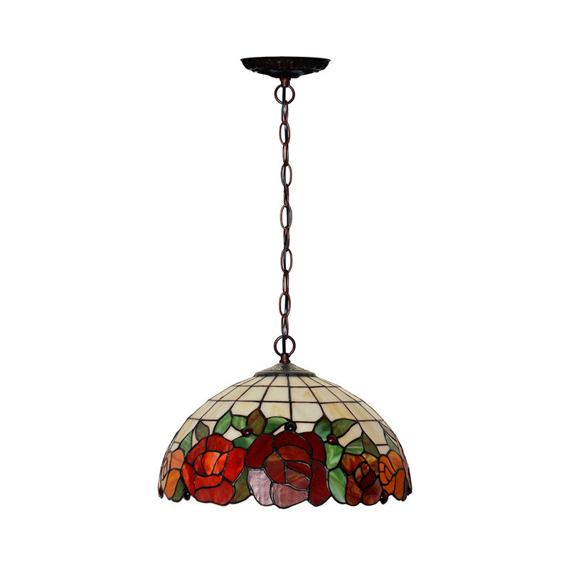 Tiffany Bronze Kitchen Chandelier with Red Cut Glass Shade - 2-Light Hanging Lamp Fixture