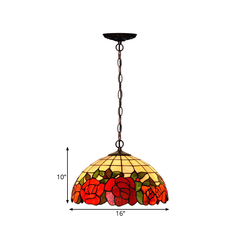 Tiffany Bronze Kitchen Chandelier with Red Cut Glass Shade - 2-Light Hanging Lamp Fixture