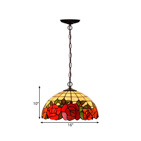 Tiffany Bronze Kitchen Chandelier with Red Cut Glass Shade - 2-Light Hanging Lamp Fixture