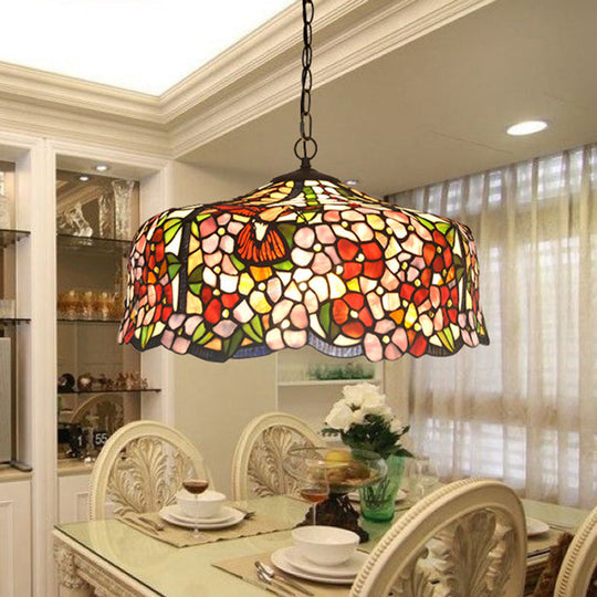 Floral Tiffany-Style Red Stained Glass Ceiling Chandelier - 2/3 Lights 16/19.5 Wide