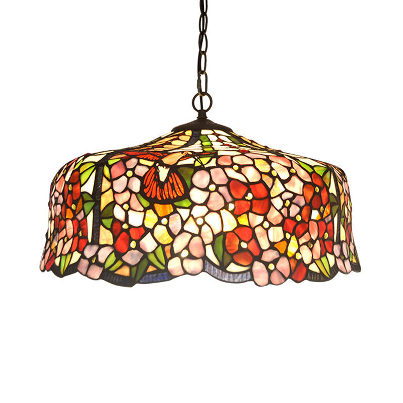 Floral Tiffany-Style Red Stained Glass Ceiling Chandelier - 2/3 Lights 16/19.5 Wide