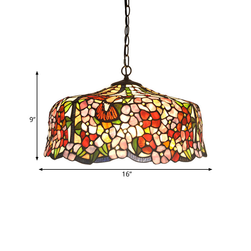 Floral Tiffany-Style Red Stained Glass Ceiling Chandelier - 2/3 Lights 16/19.5 Wide