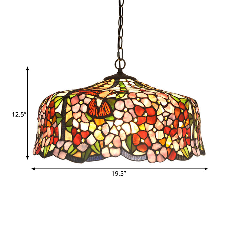 Floral Tiffany-Style Red Stained Glass Ceiling Chandelier - 2/3 Lights 16/19.5 Wide