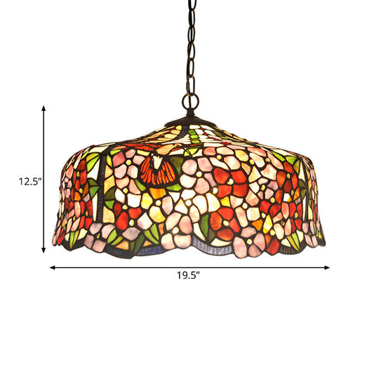 Floral Tiffany-Style Red Stained Glass Ceiling Chandelier - 2/3 Lights 16/19.5 Wide