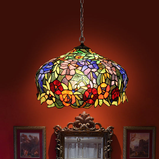 Mediterranean Blossom Orange Stained Glass Chandelier with 2 Lights for Dining Room Ceiling