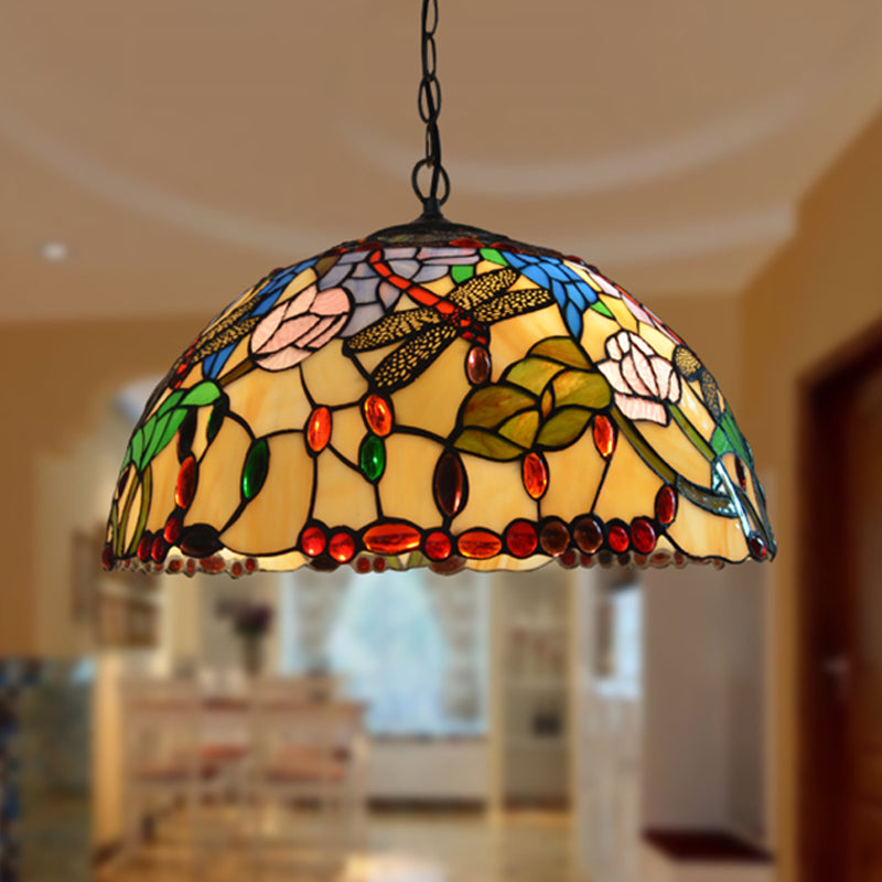 Victorian Dragonfly Stained Glass Chandelier With 3 Lights - Bronze Finish