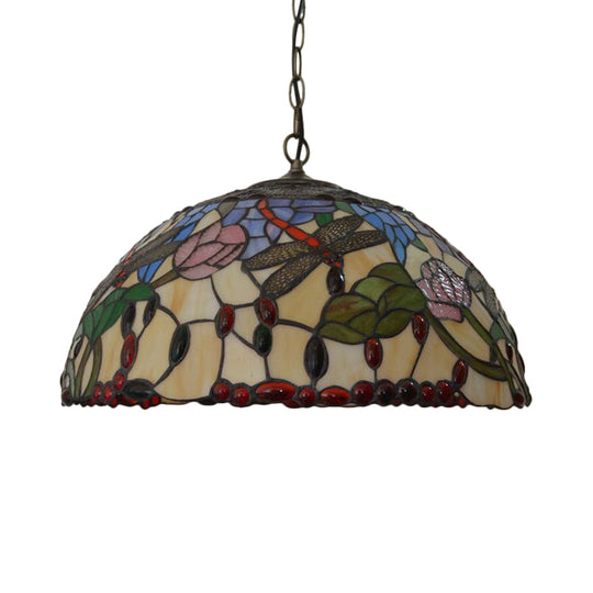 Victorian Bronze Dragonfly Chandelier with Stained Glass Pendant Lights