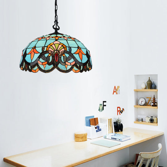 Blue Cut Glass Pendant Light Kit - Domed Mediterranean Suspension Fixture 12/16 Width 1