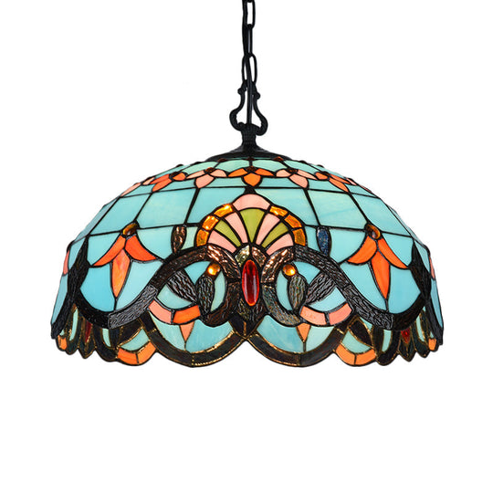 Blue Cut Glass Pendant Light Kit - 12"/16" W, Domed, 1 Light, Mediterranean Style