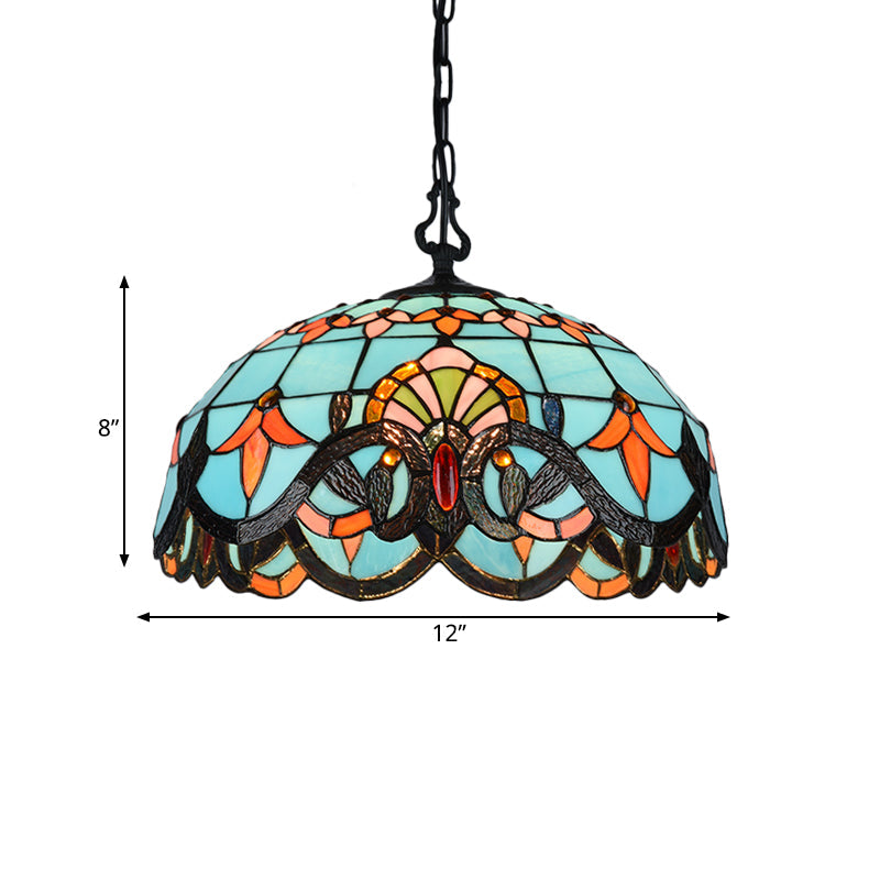 Blue Cut Glass Pendant Light Kit - 12"/16" W, Domed, 1 Light, Mediterranean Style