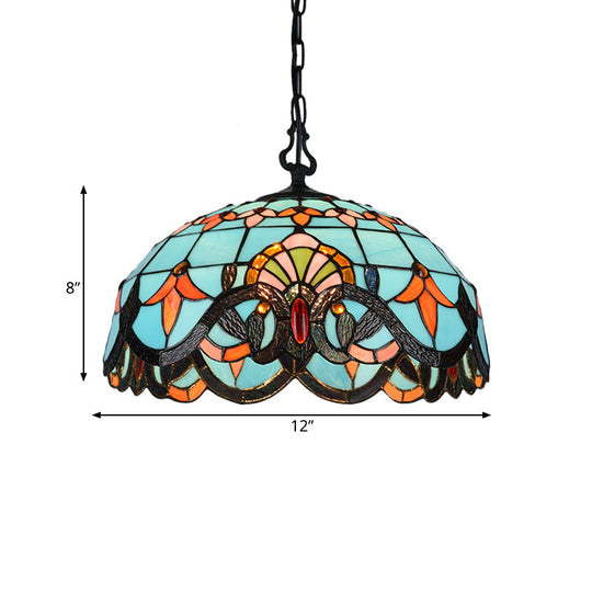 Blue Cut Glass Pendant Light Kit - 12"/16" W, Domed, 1 Light, Mediterranean Style