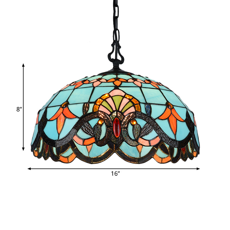 Blue Cut Glass Pendant Light Kit - 12"/16" W, Domed, 1 Light, Mediterranean Style