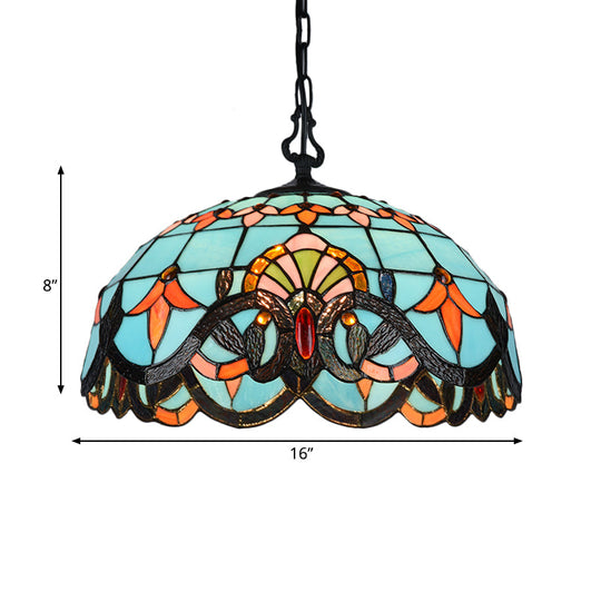 Blue Cut Glass Pendant Light Kit - 12"/16" W, Domed, 1 Light, Mediterranean Style