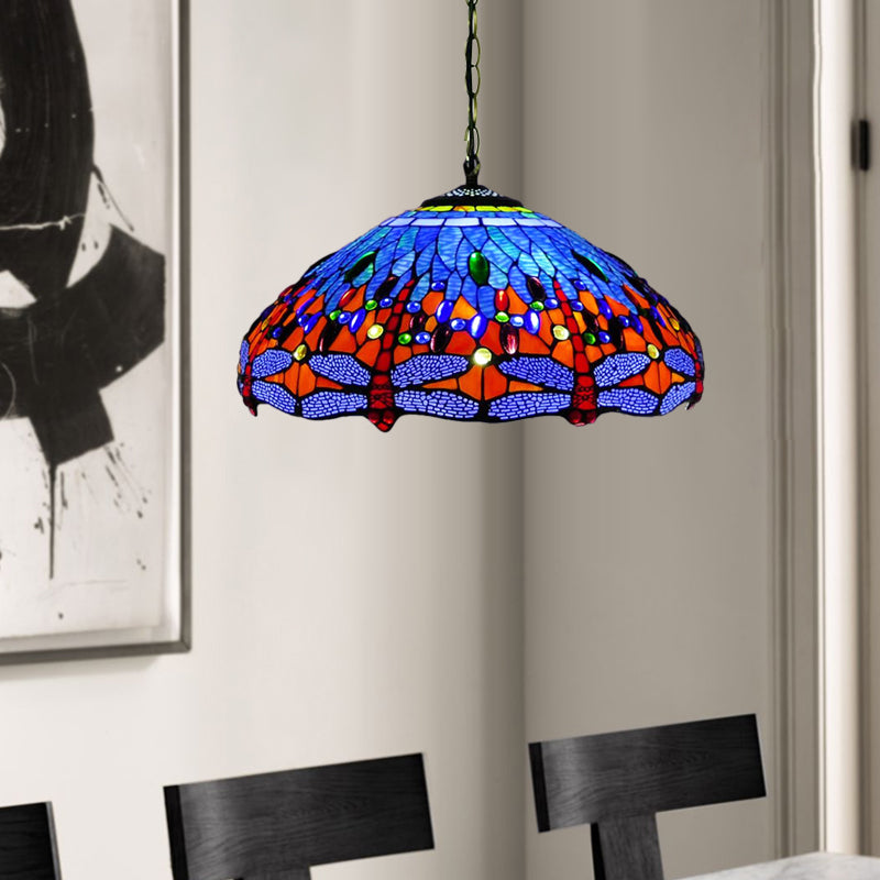 Tiffany Dragonfly Chandelier with 3 Lights: Orange/Blue/Green Cut Glass Hanging Lamp Kit for Kitchen