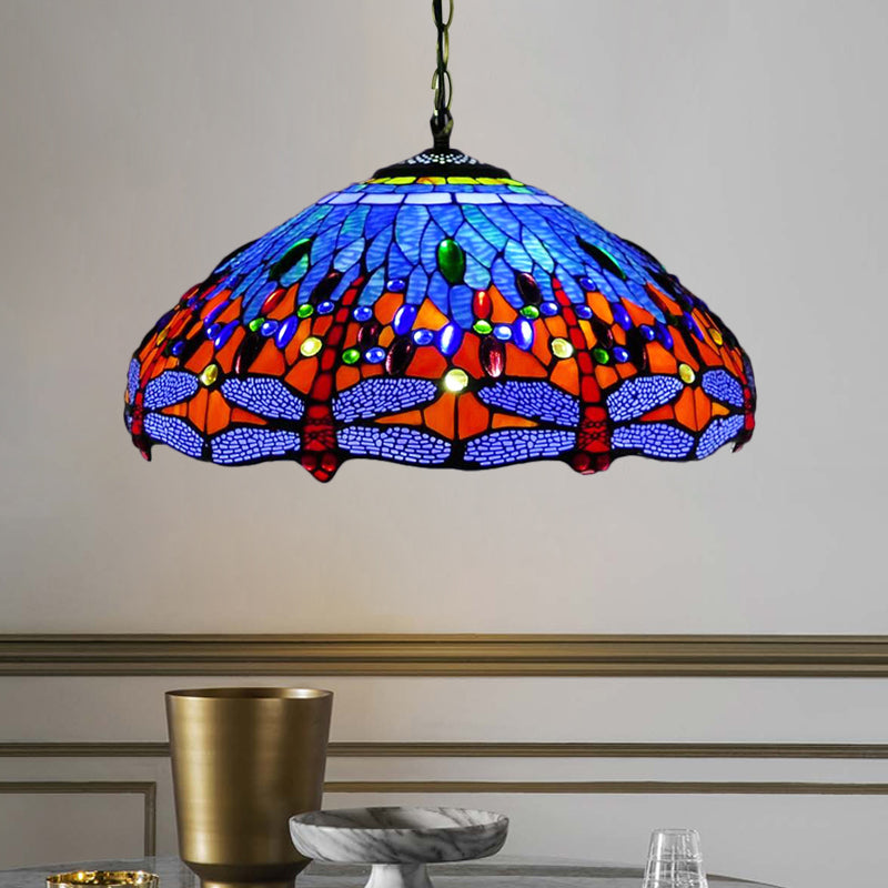 Tiffany Dragonfly Chandelier Light Fixture - 3-Light Orange/Blue/Green Cut Glass Hanging Lamp For