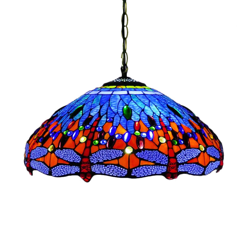 Tiffany Dragonfly Chandelier with 3 Lights: Orange/Blue/Green Cut Glass Hanging Lamp Kit for Kitchen