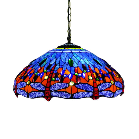 Tiffany Dragonfly Chandelier Light Fixture - 3-Light Orange/Blue/Green Cut Glass Hanging Lamp For