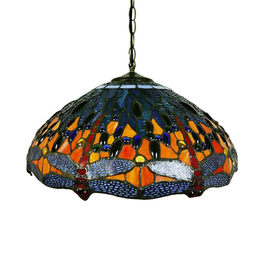 Tiffany Dragonfly Chandelier Light Fixture - 3-Light Orange/Blue/Green Cut Glass Hanging Lamp For