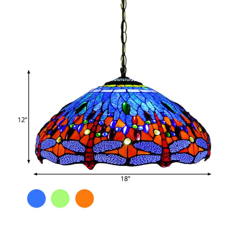 Tiffany Dragonfly Chandelier Light Fixture - 3-Light Orange/Blue/Green Cut Glass Hanging Lamp For