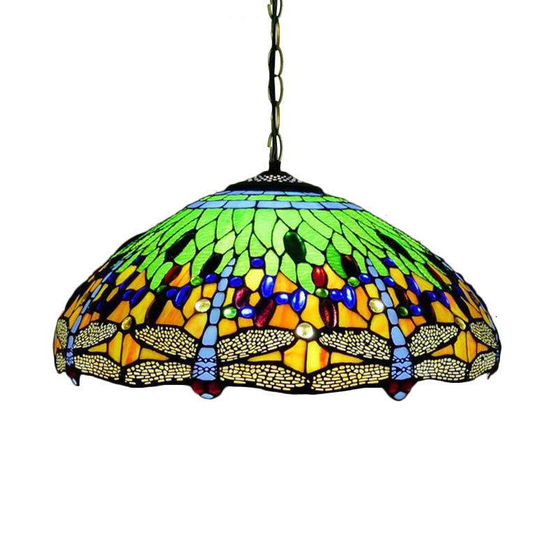 Tiffany Dragonfly Chandelier Light Fixture - 3-Light Orange/Blue/Green Cut Glass Hanging Lamp For