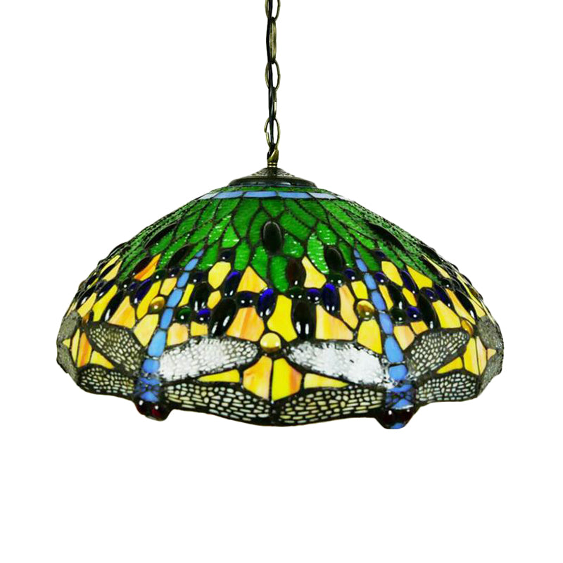 Tiffany Dragonfly Chandelier Light Fixture - 3-Light Orange/Blue/Green Cut Glass Hanging Lamp For