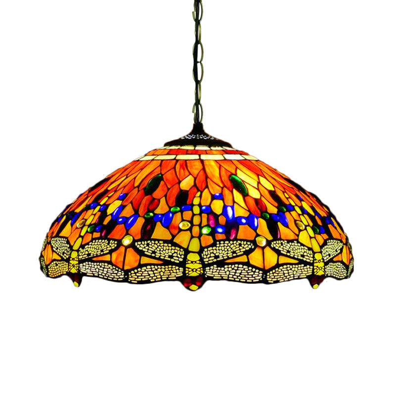 Tiffany Dragonfly Chandelier Light Fixture - 3-Light Orange/Blue/Green Cut Glass Hanging Lamp For