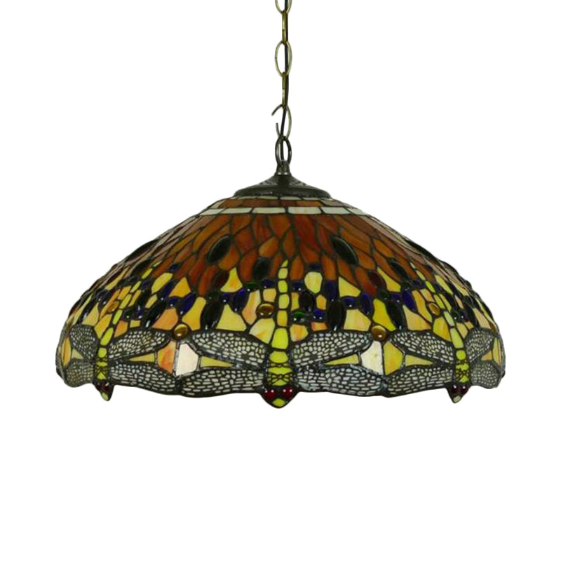 Tiffany Dragonfly Chandelier Light Fixture - 3-Light Orange/Blue/Green Cut Glass Hanging Lamp For