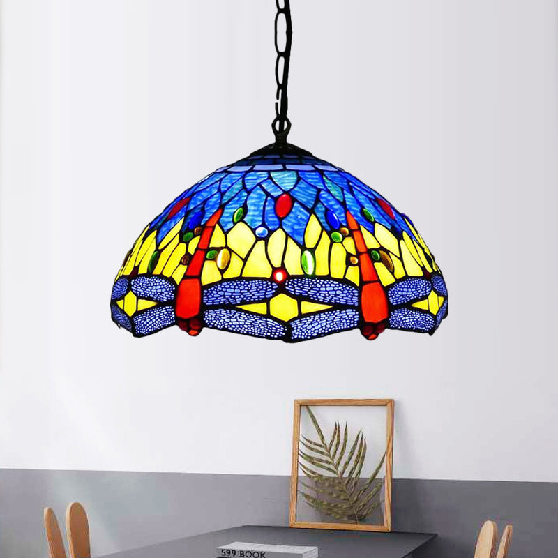 Dragonfly Chandelier Pendant - Mediterranean Blue/Green Stained Glass - Kitchen Lighting - 1/2 Pendant Lights