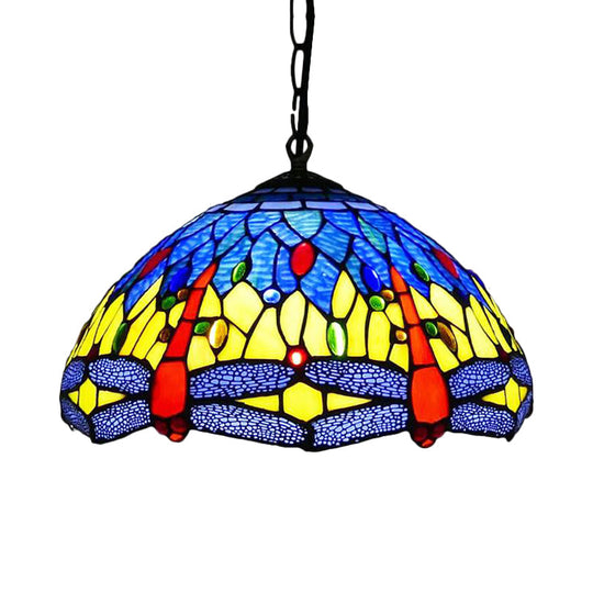 Dragonfly Chandelier Pendant - Mediterranean Blue/Green Stained Glass - Kitchen Lighting - 1/2 Pendant Lights