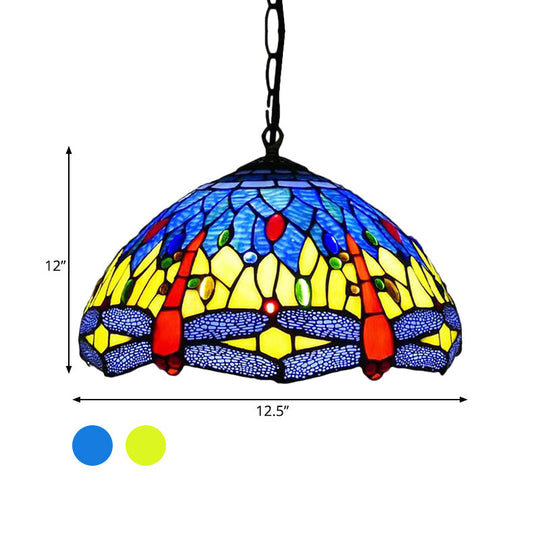 Dragonfly Chandelier Pendant - Mediterranean Blue/Green Stained Glass - Kitchen Lighting - 1/2 Pendant Lights