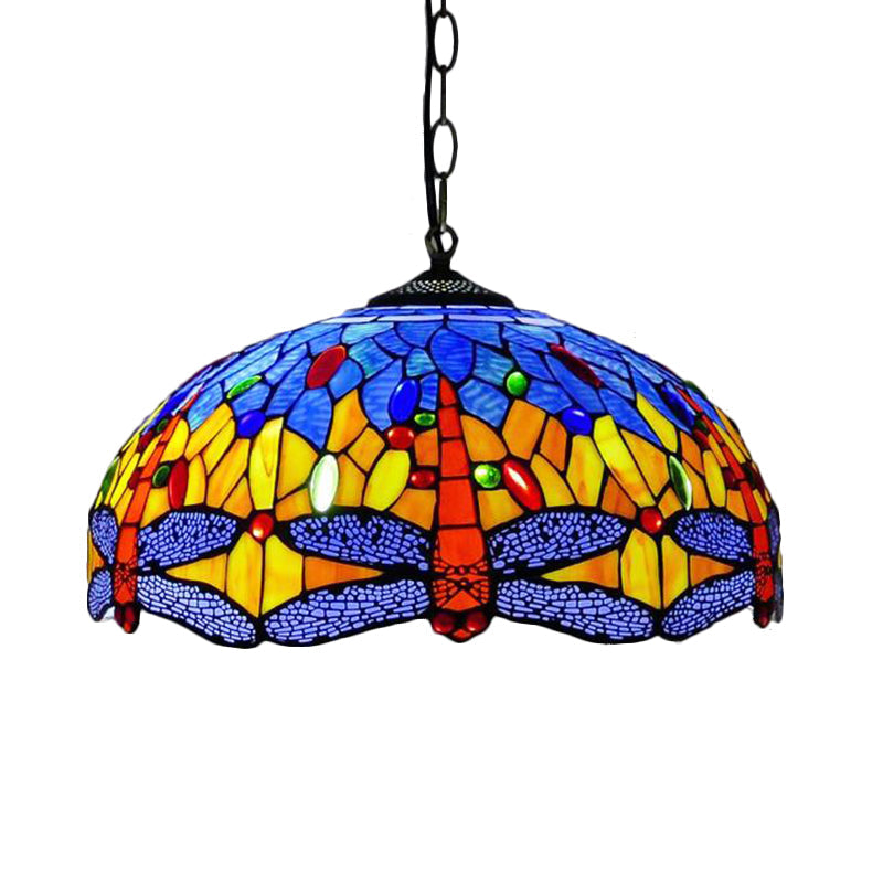 Dragonfly Chandelier Pendant - Mediterranean Blue/Green Stained Glass - Kitchen Lighting - 1/2 Pendant Lights