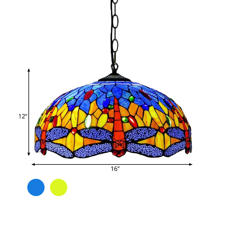 Dragonfly Chandelier Pendant - Mediterranean Blue/Green Stained Glass - Kitchen Lighting - 1/2 Pendant Lights