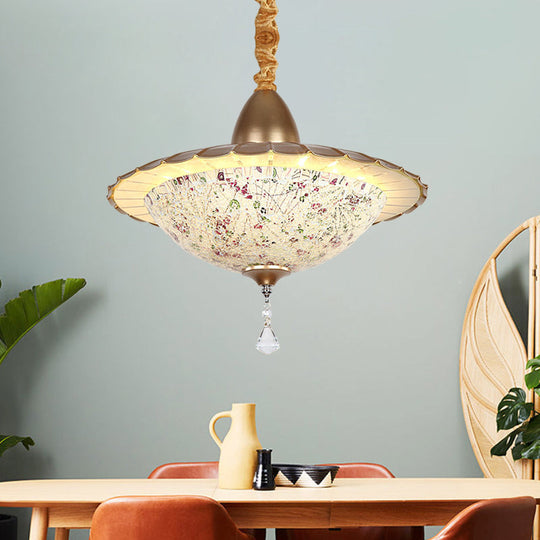 Mediterranean LED Bowl Chandelier - White Cut Glass Suspension Pendant with Crystal Droplet