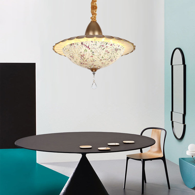 Mediterranean LED Bowl Chandelier - White Cut Glass Suspension Pendant with Crystal Droplet