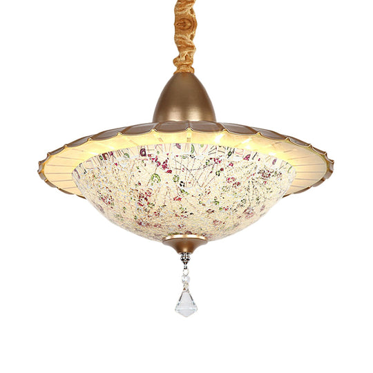 Mediterranean LED Bowl Chandelier - White Cut Glass Suspension Pendant with Crystal Droplet