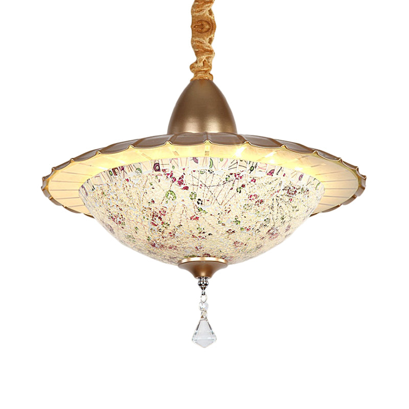 White Cut Glass Led Bowl Chandelier With Crystal Droplet - Mediterranean Suspension Pendant