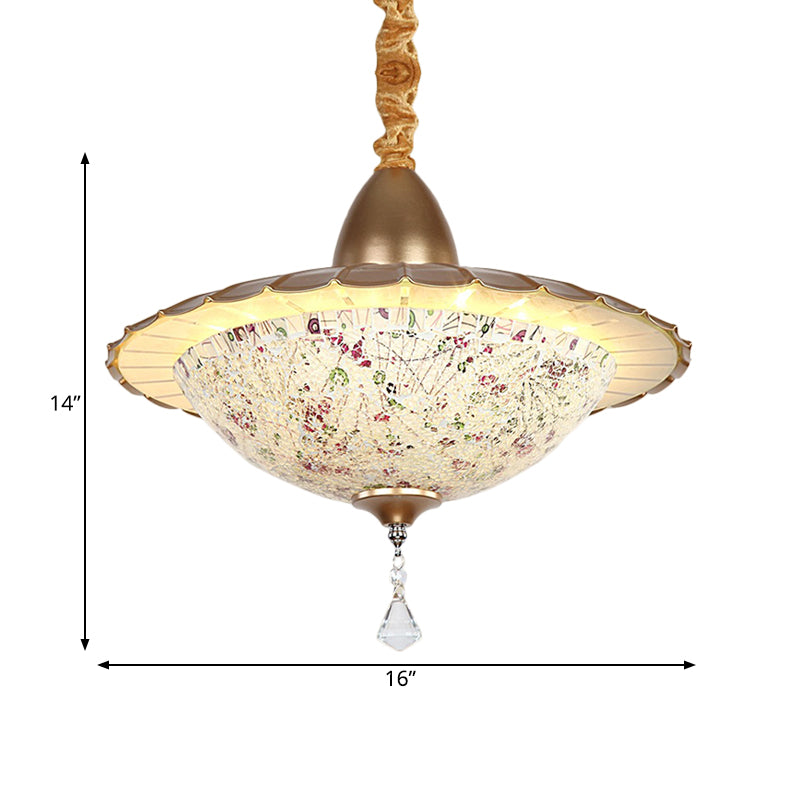 Mediterranean LED Bowl Chandelier - White Cut Glass Suspension Pendant with Crystal Droplet