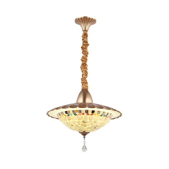 Mediterranean LED Bowl Chandelier - White Cut Glass Suspension Pendant with Crystal Droplet