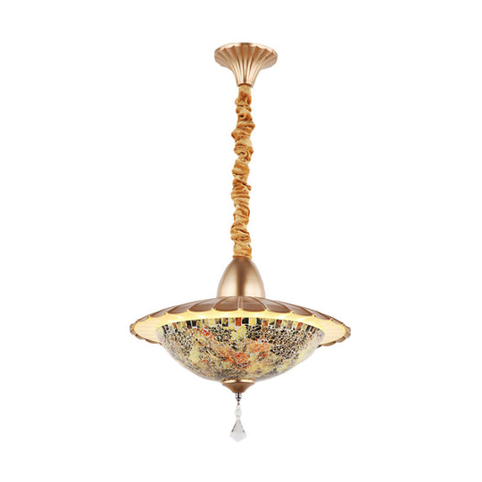 Mediterranean LED Bowl Chandelier - White Cut Glass Suspension Pendant with Crystal Droplet