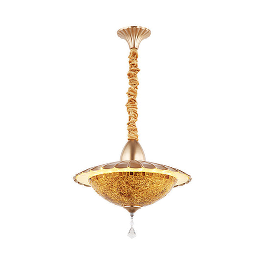 Mediterranean LED Bowl Chandelier - White Cut Glass Suspension Pendant with Crystal Droplet