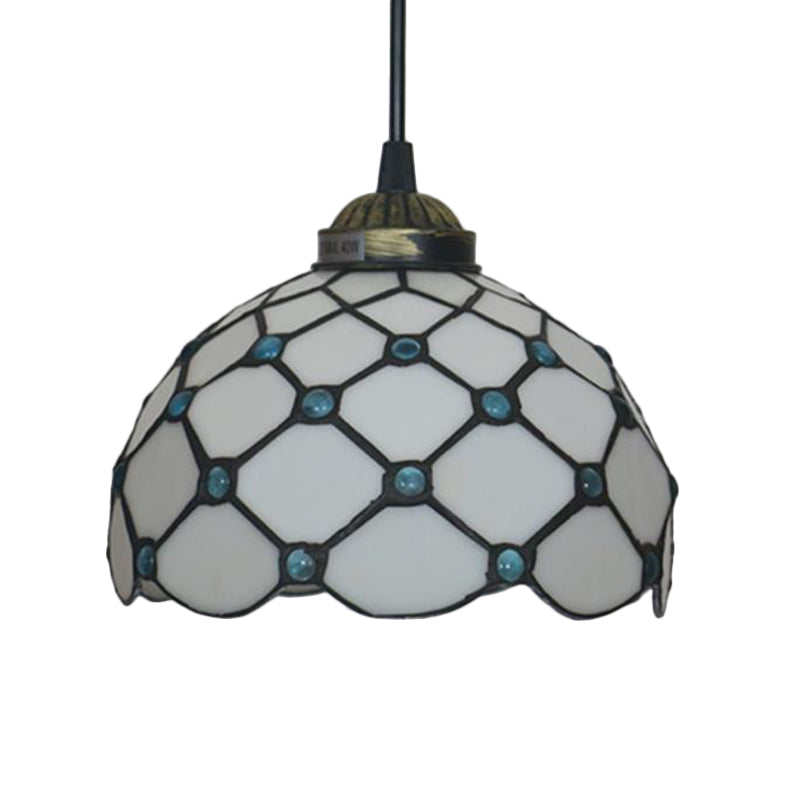 Baroque Beige/Blue/Green Glass Domed Shade Hanging Pendant Lamp For Dining Room - Black 1 Light