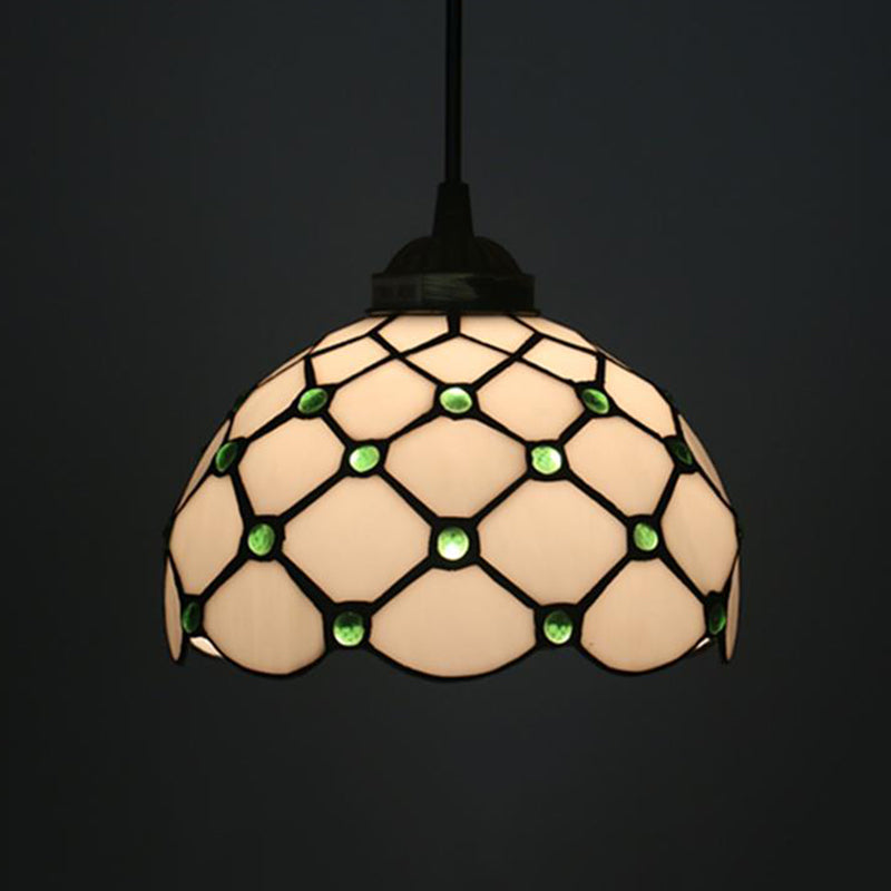 Baroque Beige/Blue/Green Glass Domed Shade Hanging Pendant Lamp For Dining Room - Black 1 Light