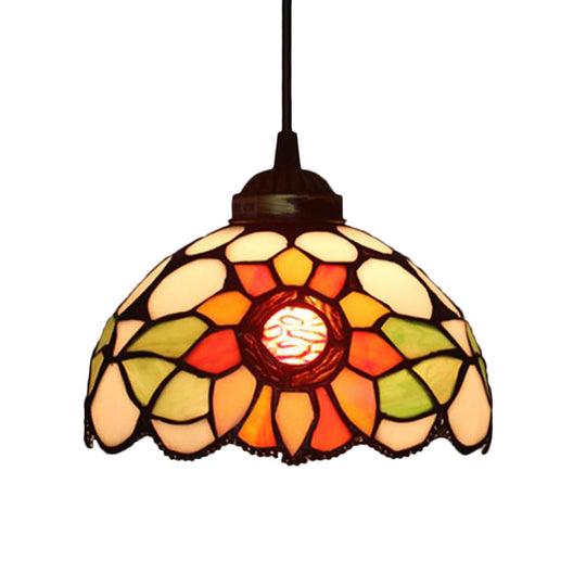 Victorian Floral Ceiling Pendant Light Fixture for Dining Room - Beige/Red/Pink Cut Glass Hanging Lamp